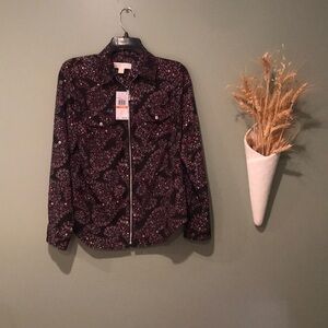 Michael Kors Black/White/Burgundy NWT Long Sleeve Zip Up Blouse S.